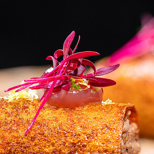 The first course of the Eatrenalin menu 'Red Dimensions' In the lounge, the course 'Indulgent introduction' awaits you.