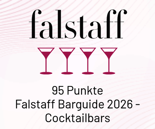 falstaff Bar Guide Award Award from falstaff: ‘95 Points Falstaff Bar Guide 2026 - Cocktail Bars’. Under the falstaff logo, three pink cocktail glasses.